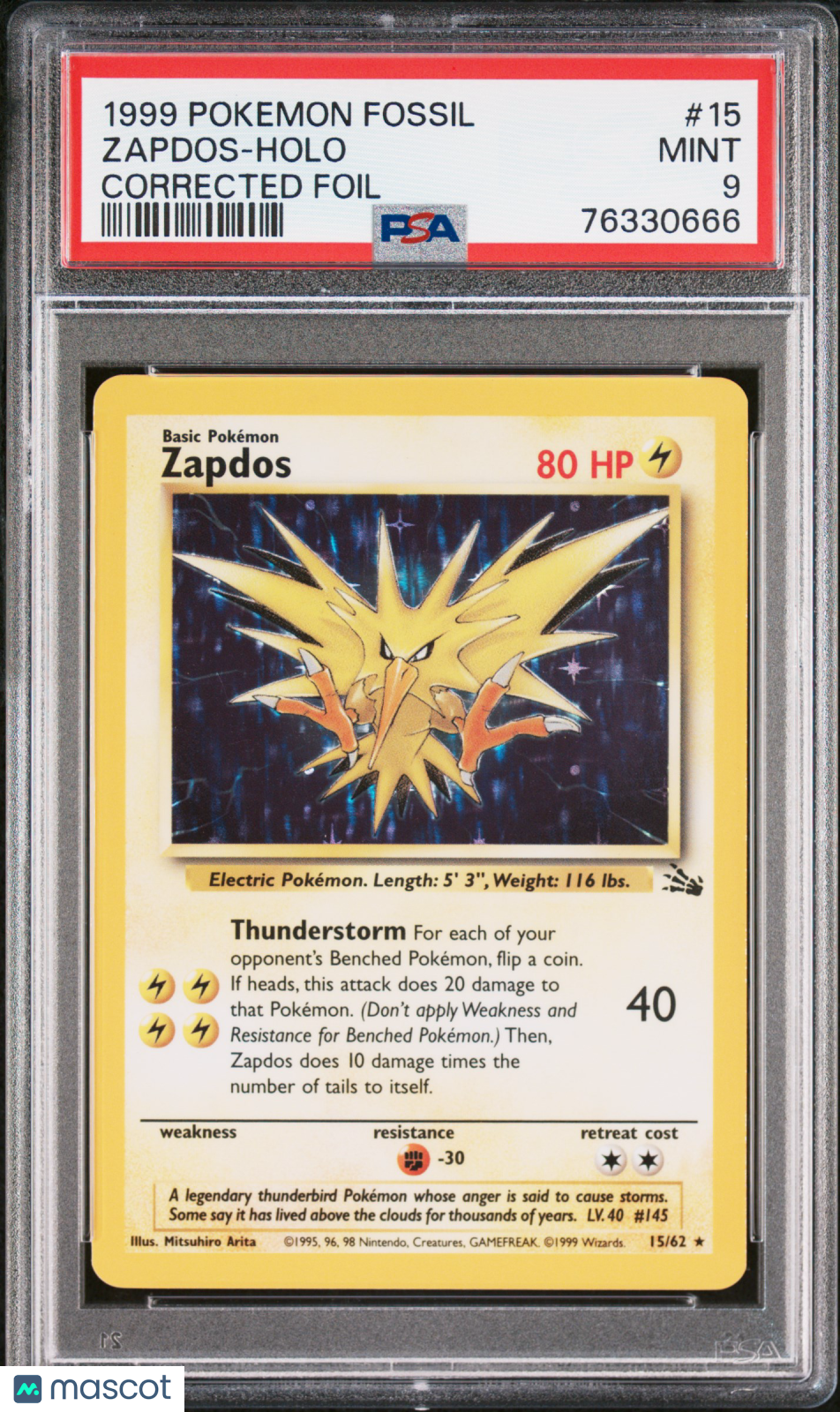 1999 Pokemon Fossil Zapdos-Holo Corrected Foil PSA 9