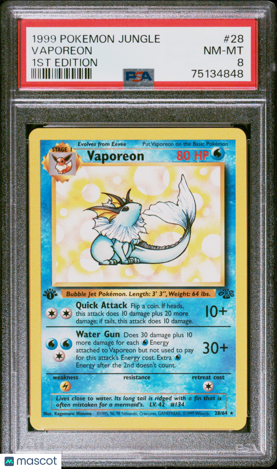 1999 Pokemon Jungle Vaporeon 1st Edition PSA 8
