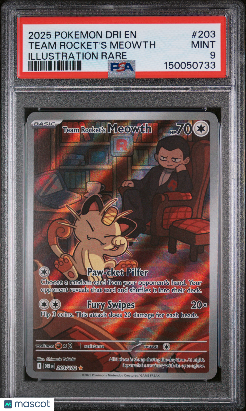 2025 Pokemon Dri En-Destined Rivals Team Rocket'S Meowth Illustration Rare PSA 9
