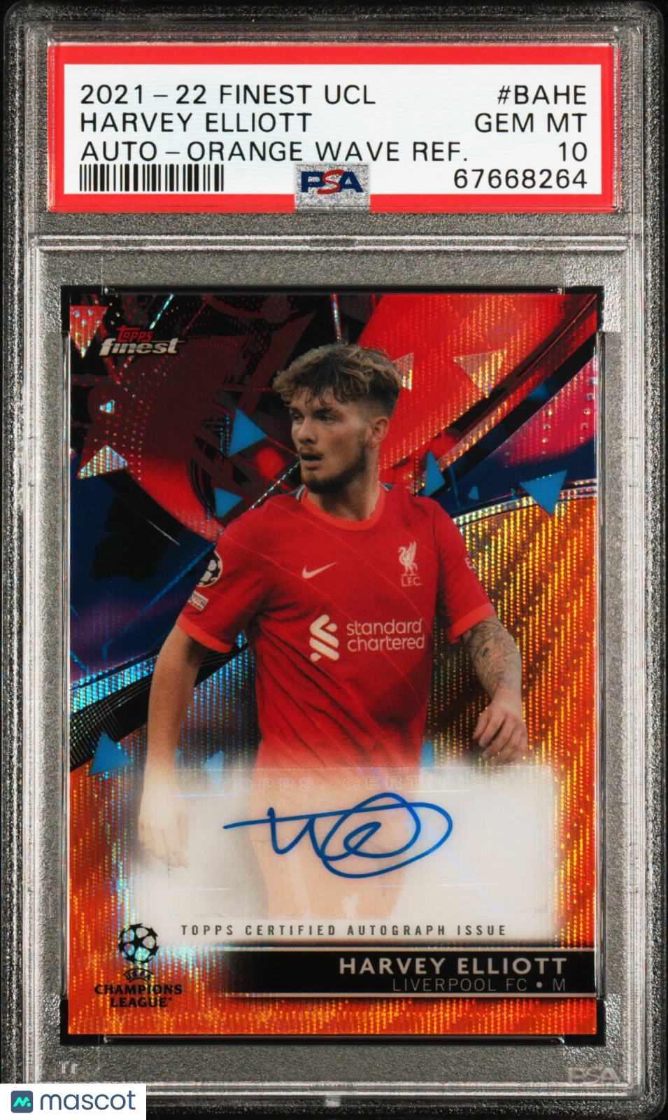 2021-2022 Topps Finest Uefa Harvey Elliott Auto-Orange Wave Ref. PSA 10