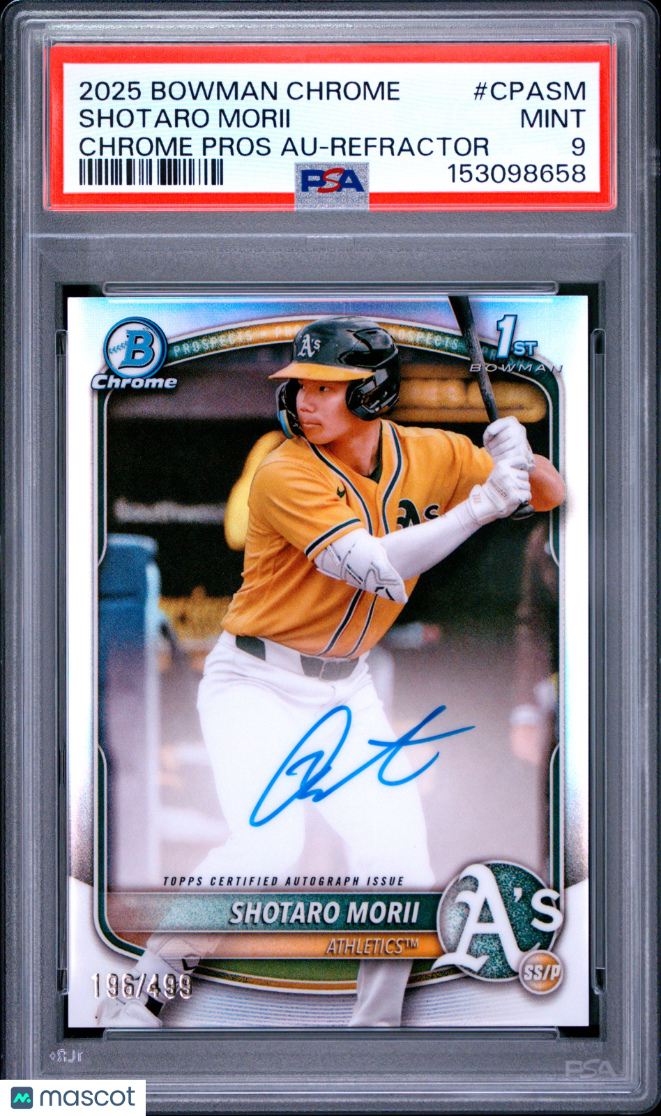 2025 Bowman Chrome Prospect Autographs Shotaro Morii Chrome Refractor PSA 9
