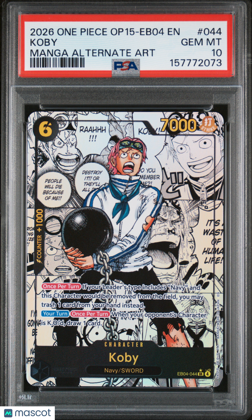 2026 One Piece Op15-Eb04-Adventure On Kami's Island Koby Manga PSA 10