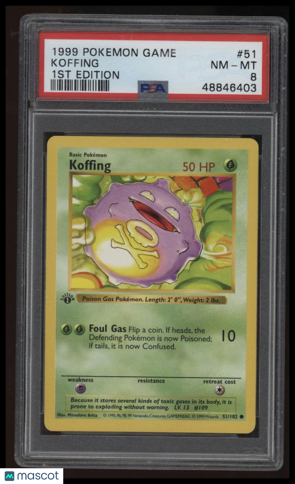 1999 Pokemon Game Koffing 1st Edition PSA 8