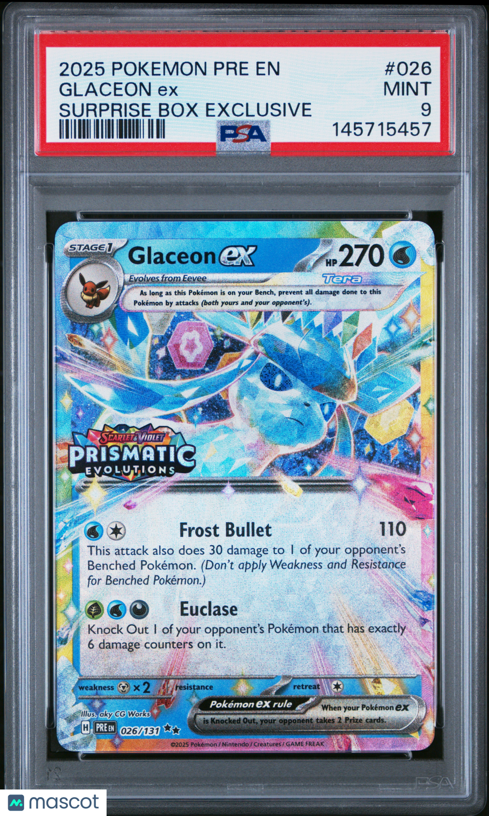 2025 Pokemon Pre En-Prismatic Evolutions Glaceon Ex Surprise Box Exclusive PSA 9