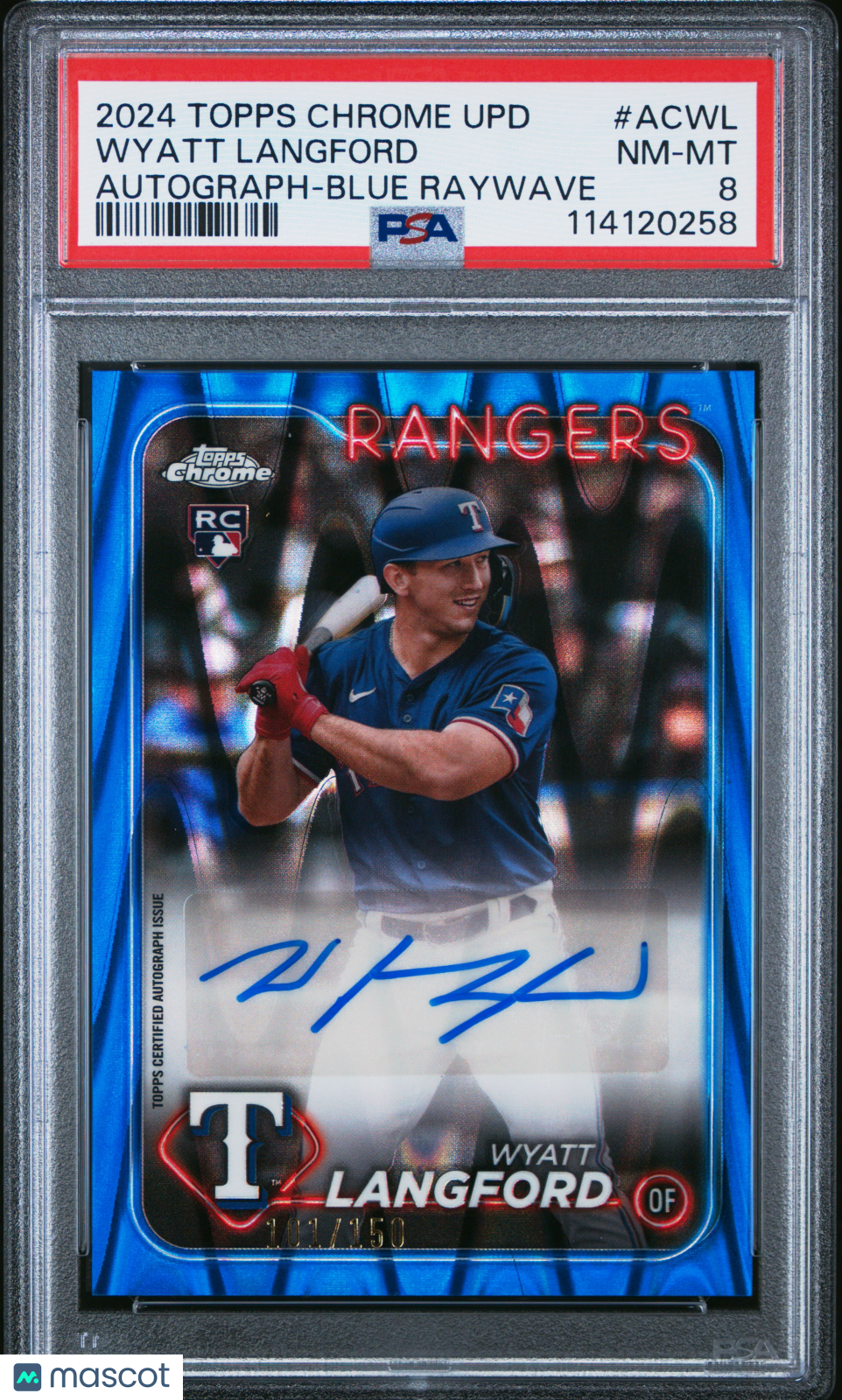 2024 Topps Chrome Update Autogs Wyatt Langford Blue Raywave PSA 8