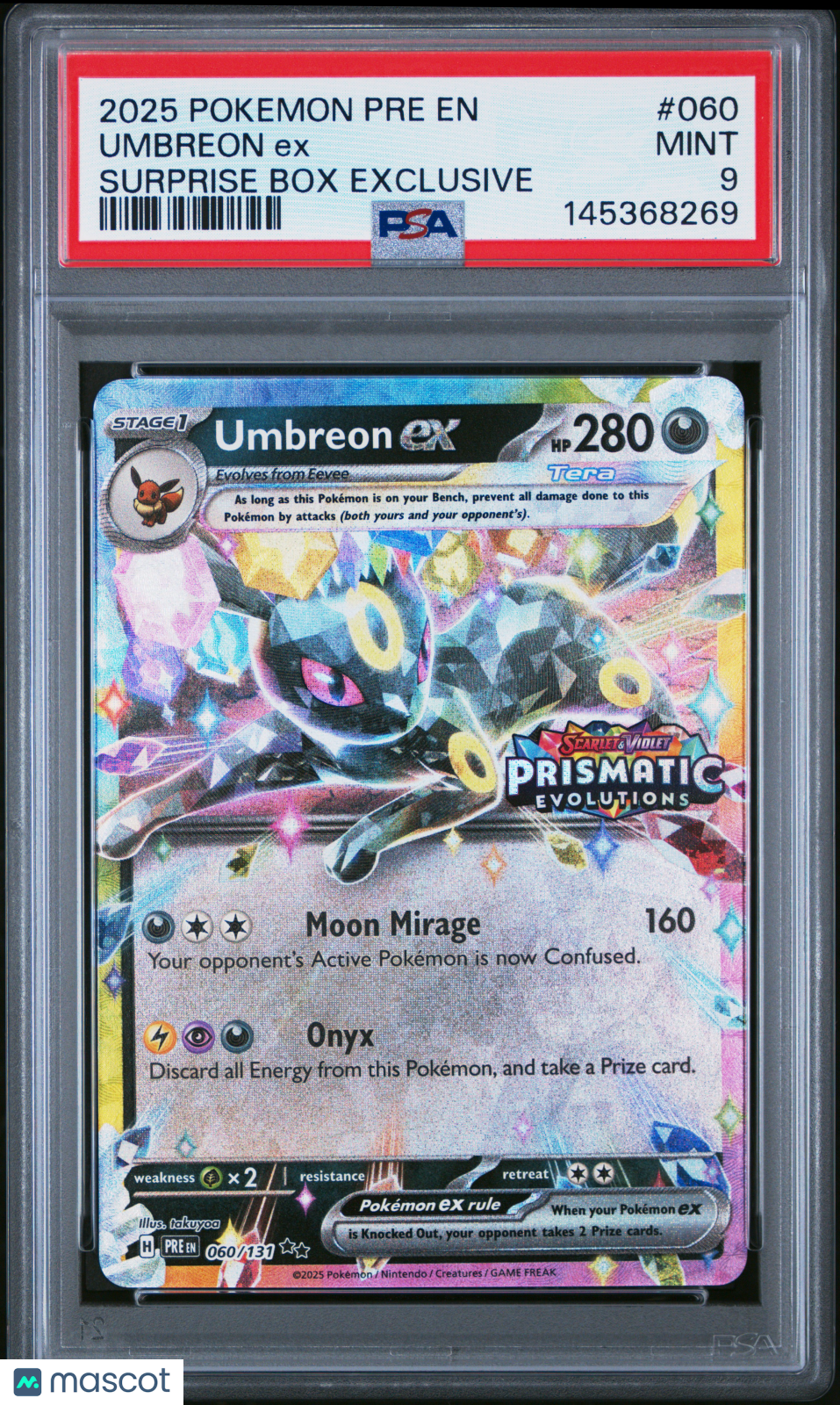2025 Pokemon Pre En-Prismatic Evolutions Umbreon Ex Surprise Box Exclusive PSA 9