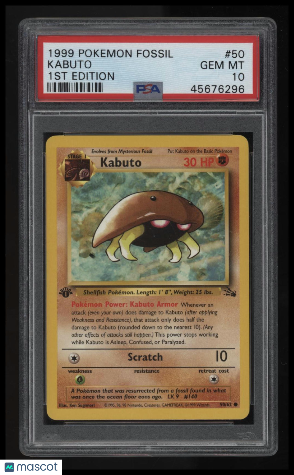 1999 Pokemon Fossil Kabuto 1st Edition PSA 10