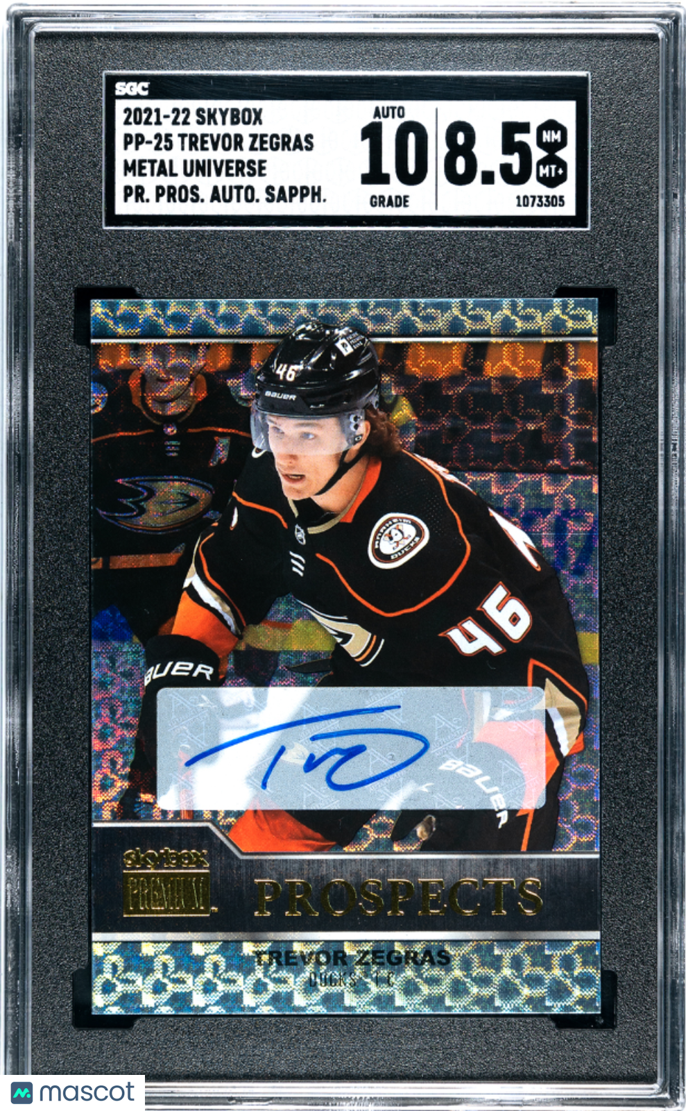 2021-22 Skybox Metal Univ. Trevor Zegras Premium Prospects Auto Sapphire SGC 8.5