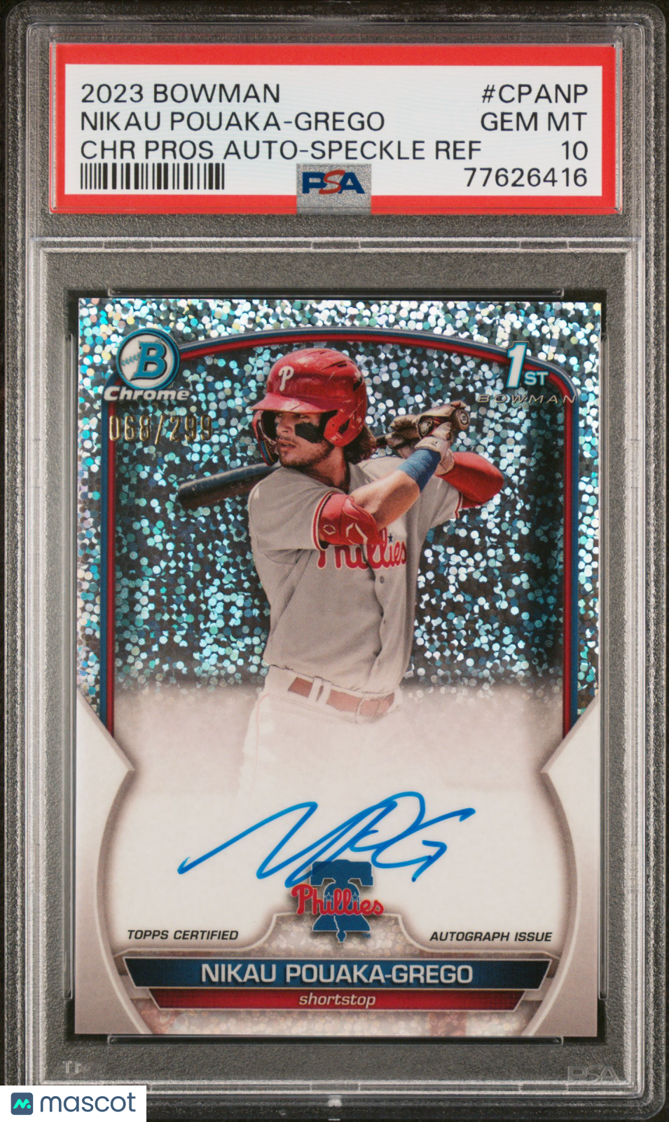 2023 Bowman Chrome Prospect Autographs Nikau Pouaka-Grego Speckle Ref PSA 10