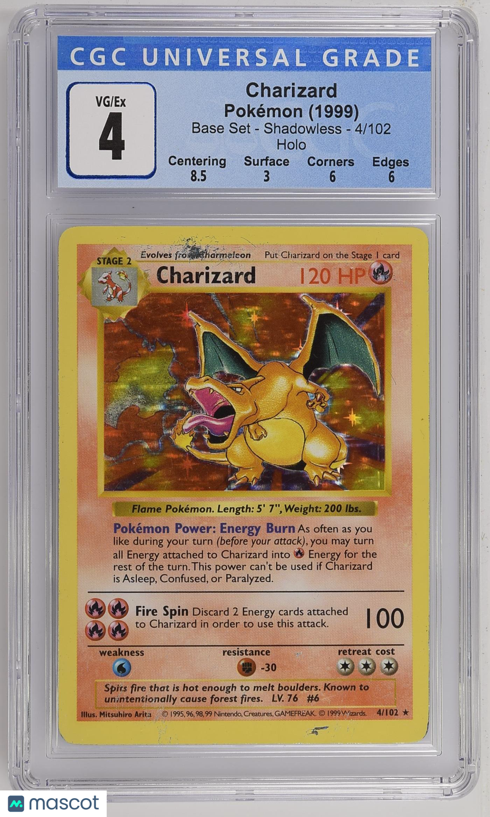 1999 Base Set (Shadowless) Charizard CGC 4