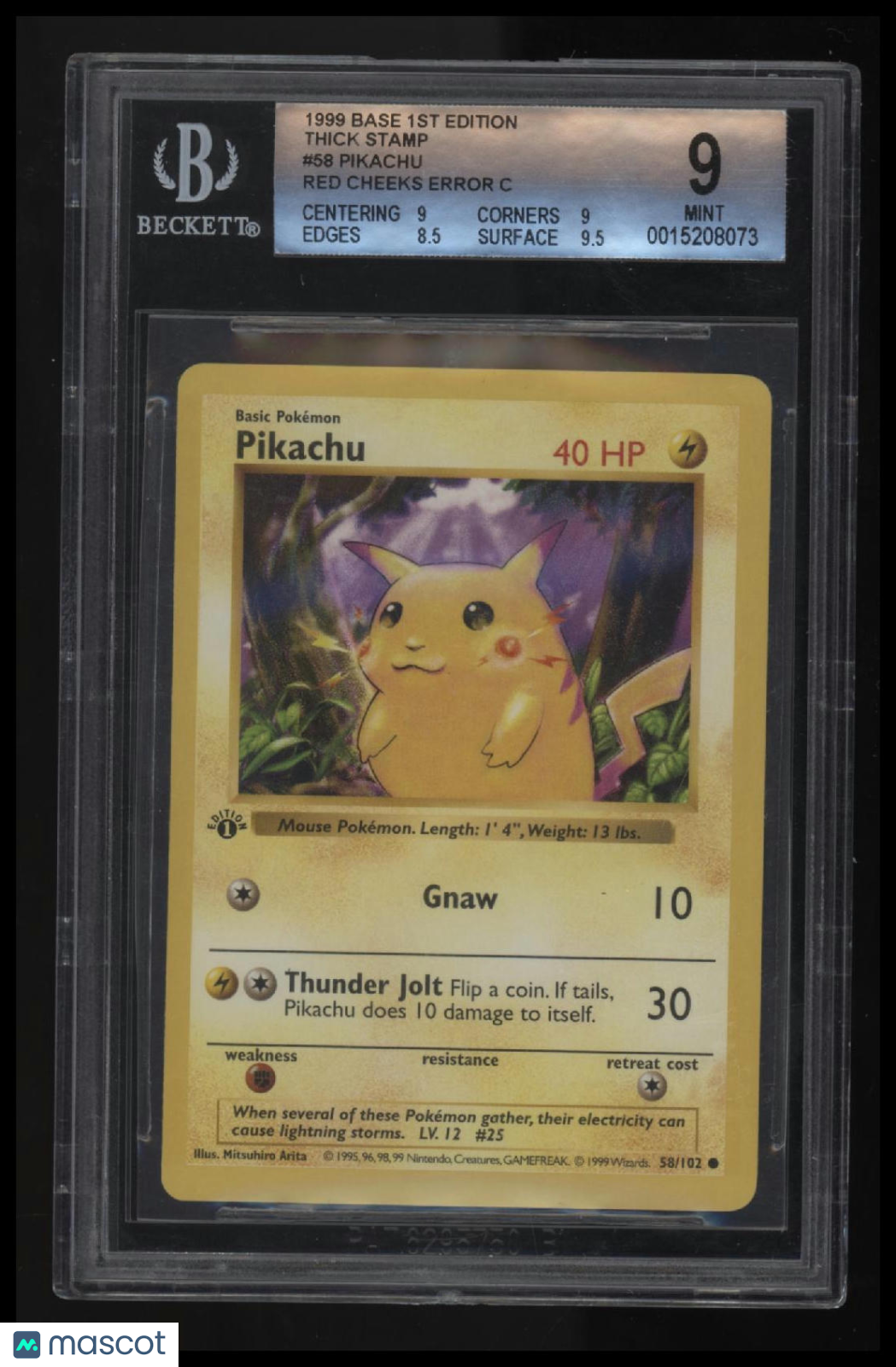 1999 Pokemon Base 1st Edition Pikachu (Red cheeks) ERR C/Thick Stamp BGS 9.0