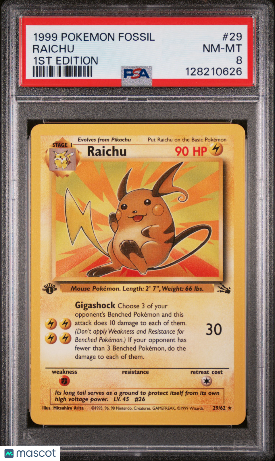 1999 Pokemon Fossil Raichu 1st Edition PSA 8