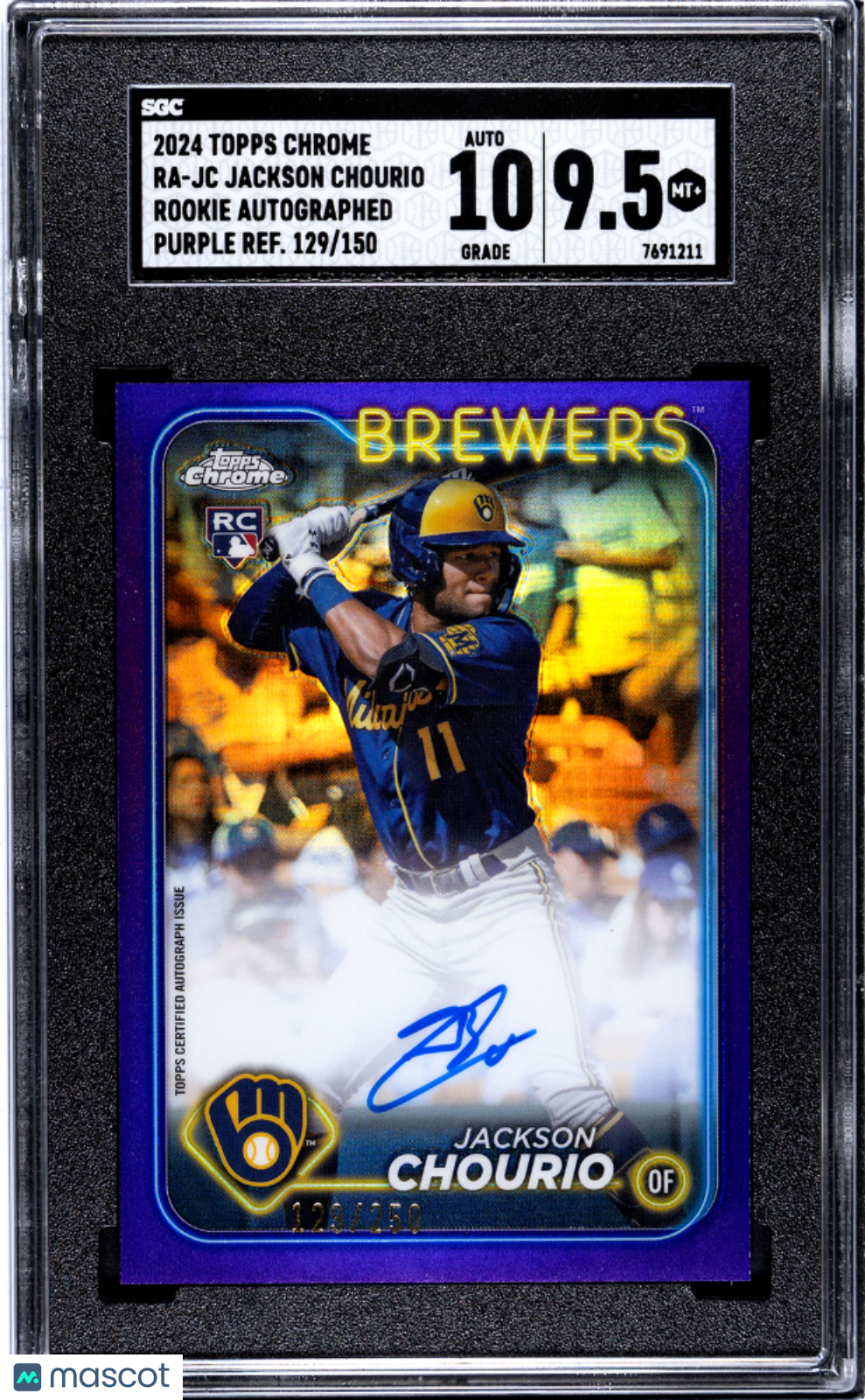 2024 Topps Chrome Jackson Chourio Rk. Auto. Purple Ref. /250 SGC 9.5