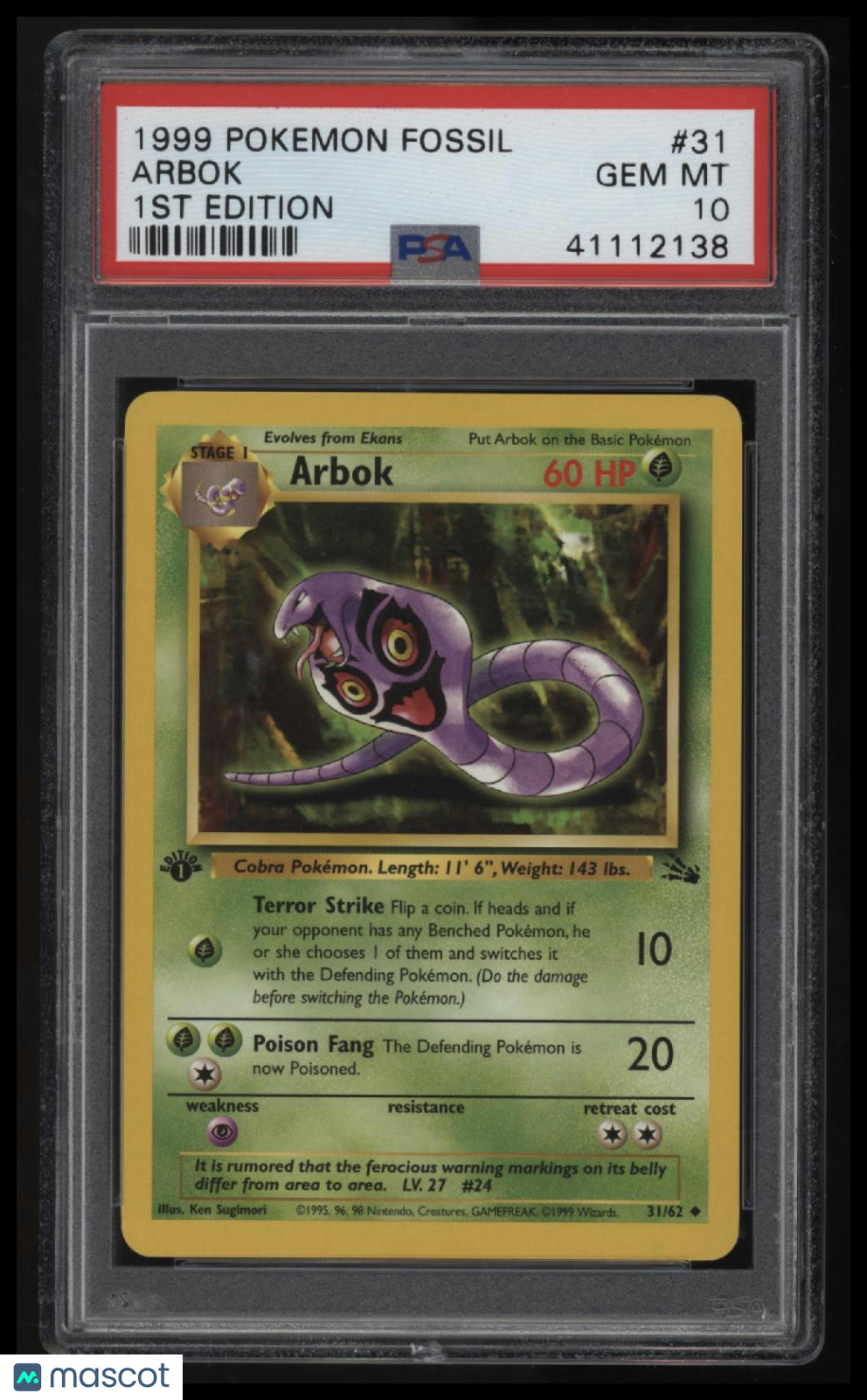 1999 Pokemon Fossil Arbok 1st Edition PSA 10