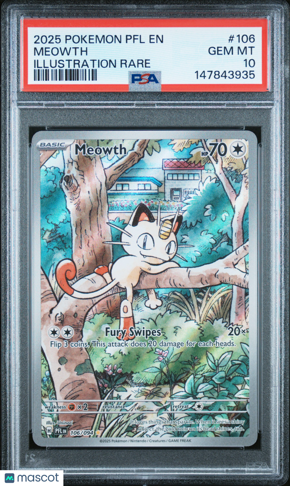 2025 Pokemon Pfl En-Phantasmal Flames Meowth Illustration Rare PSA 10