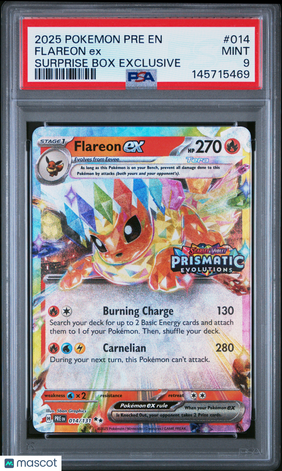 2025 Pokemon Pre En-Prismatic Evolutions Flareon Ex Surprise Box Exclusive PSA 9
