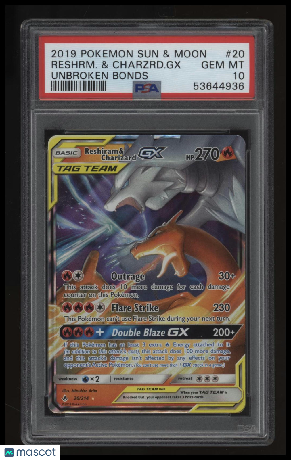 2019 Pokemon Sun & Moon Unbroken Bonds Reshrm. & Charzrd.Gx PSA 10