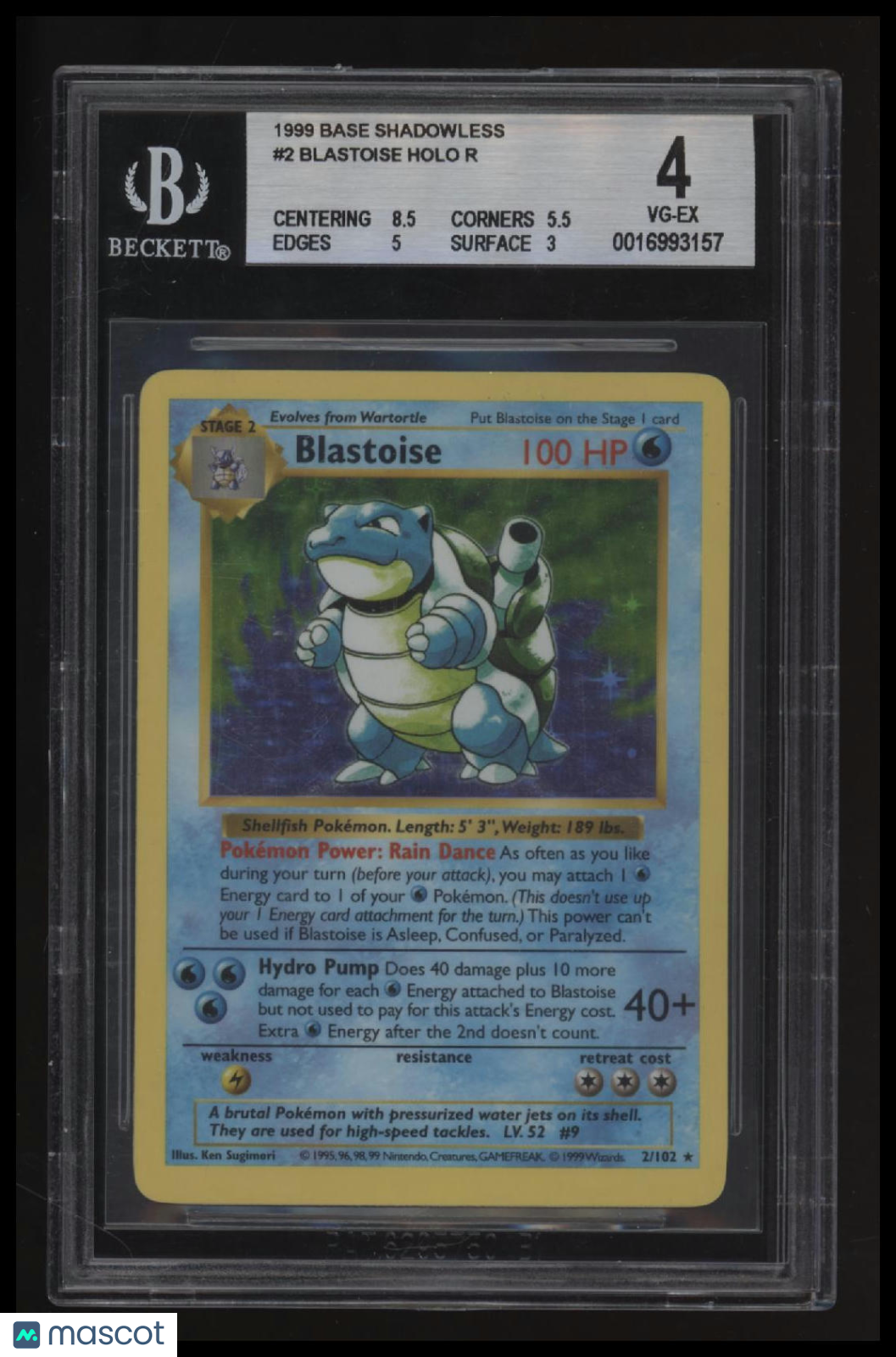 1999 Pokemon Base Shadowless Blastoise HOLO R BGS 4.0