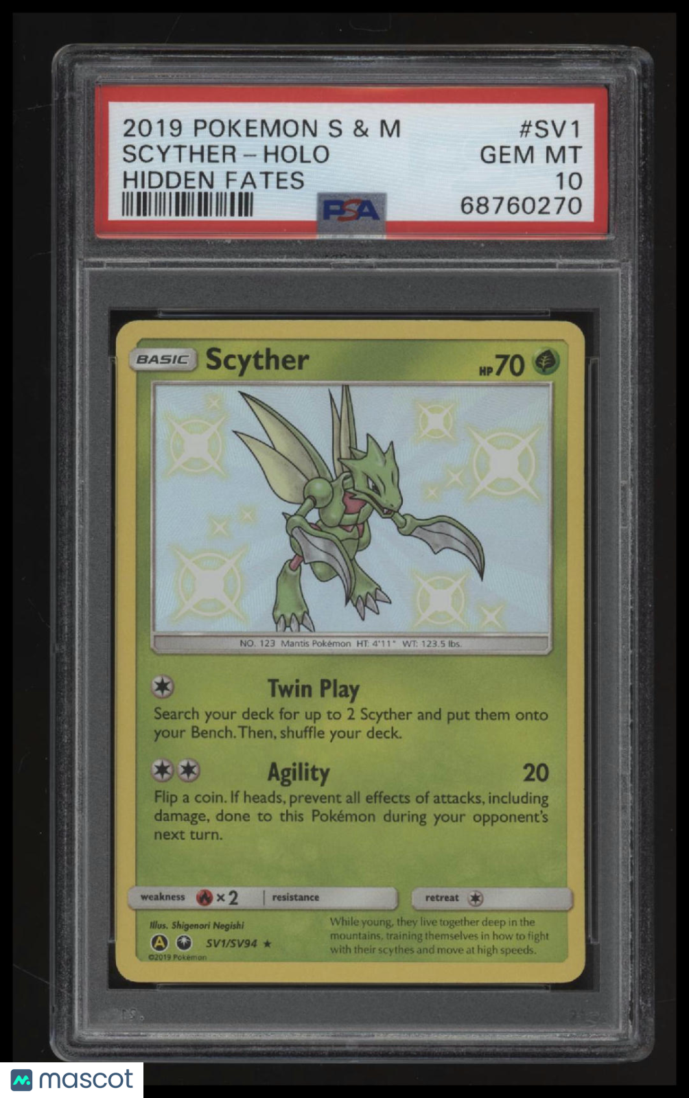 2019 Pokemon Sun & Moon Hidden Fates Scyther-Holo Hidden Fates PSA 10