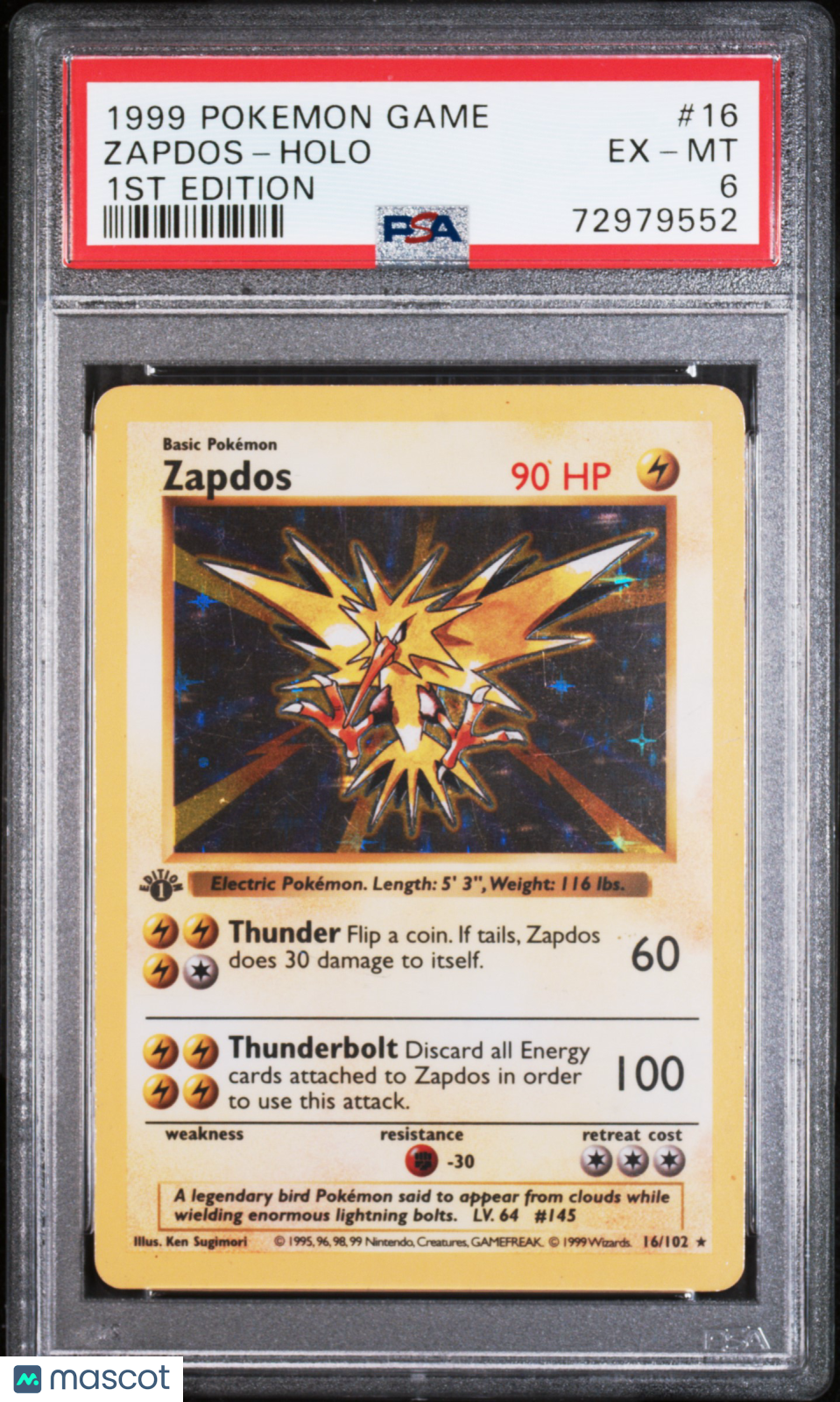 1999 Pokemon Game Zapdos-Holo 1st Edition PSA 6