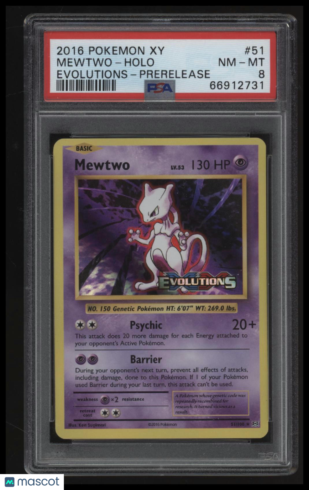 2016 Pokemon Xy Evolutions Mewtwo-Holo Evolutions-Prerelease PSA 8