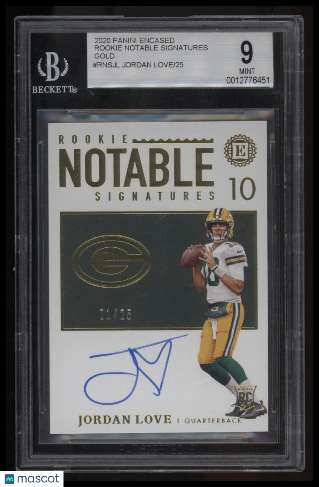 2020 Panini Encased Rookie Notable Signatures Gold Jordan Love/25 BGS 9.0