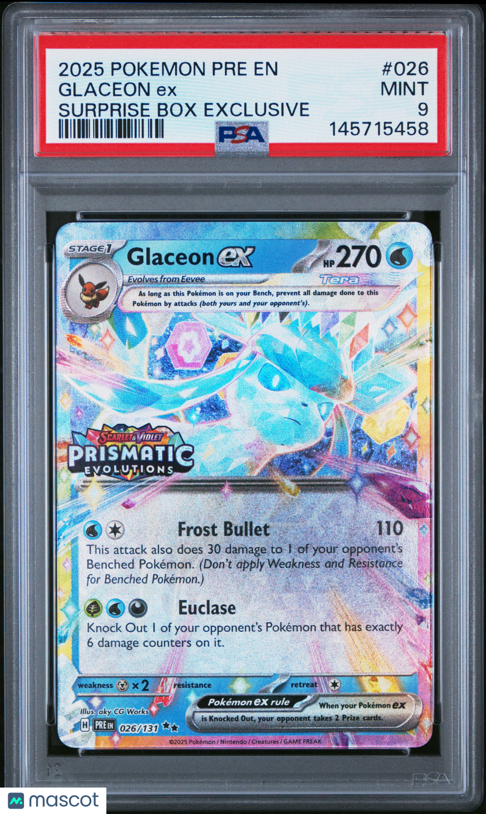 2025 Pokemon Pre En-Prismatic Evolutions Glaceon Ex Surprise Box Exclusive PSA 9
