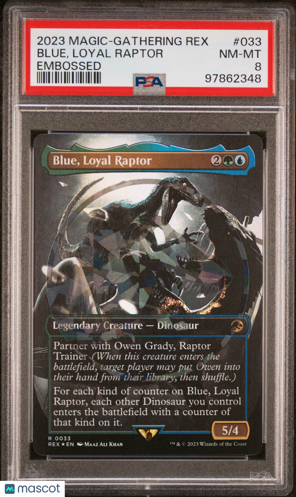 2023 MTG Jurassic World Collection Blue, Loyal Raptor Embossed PSA 8