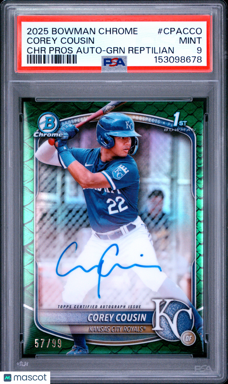 2025 Bowman Chrome Prospect Autographs Corey Cousin Green Reptilian PSA 9