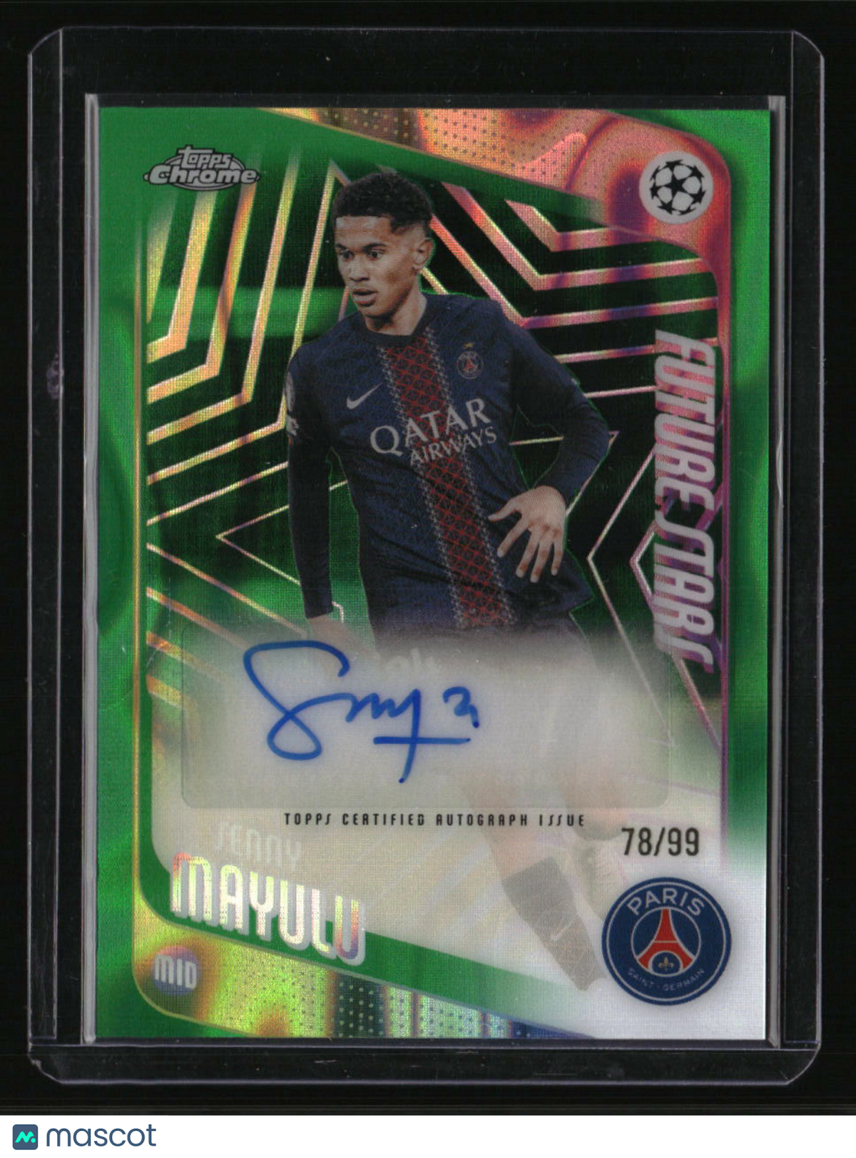 2025-26 Topps Chrome UEFA CC Senny Mayulu Future Stars Auto Green Lava #/99