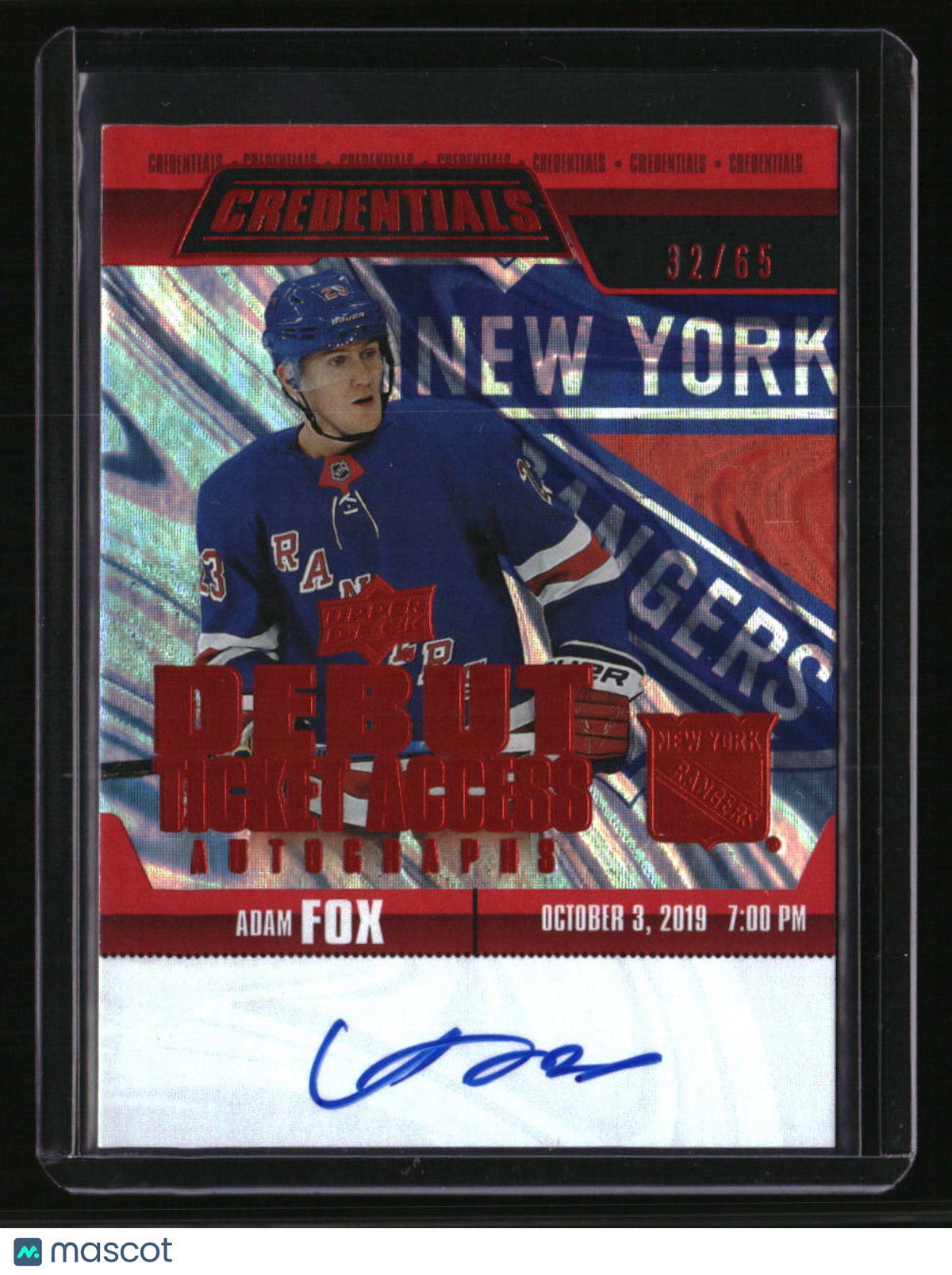 Adam Fox 2019-20 Upper Deck Credentials Debut Ticket Access Autographs Red #/65