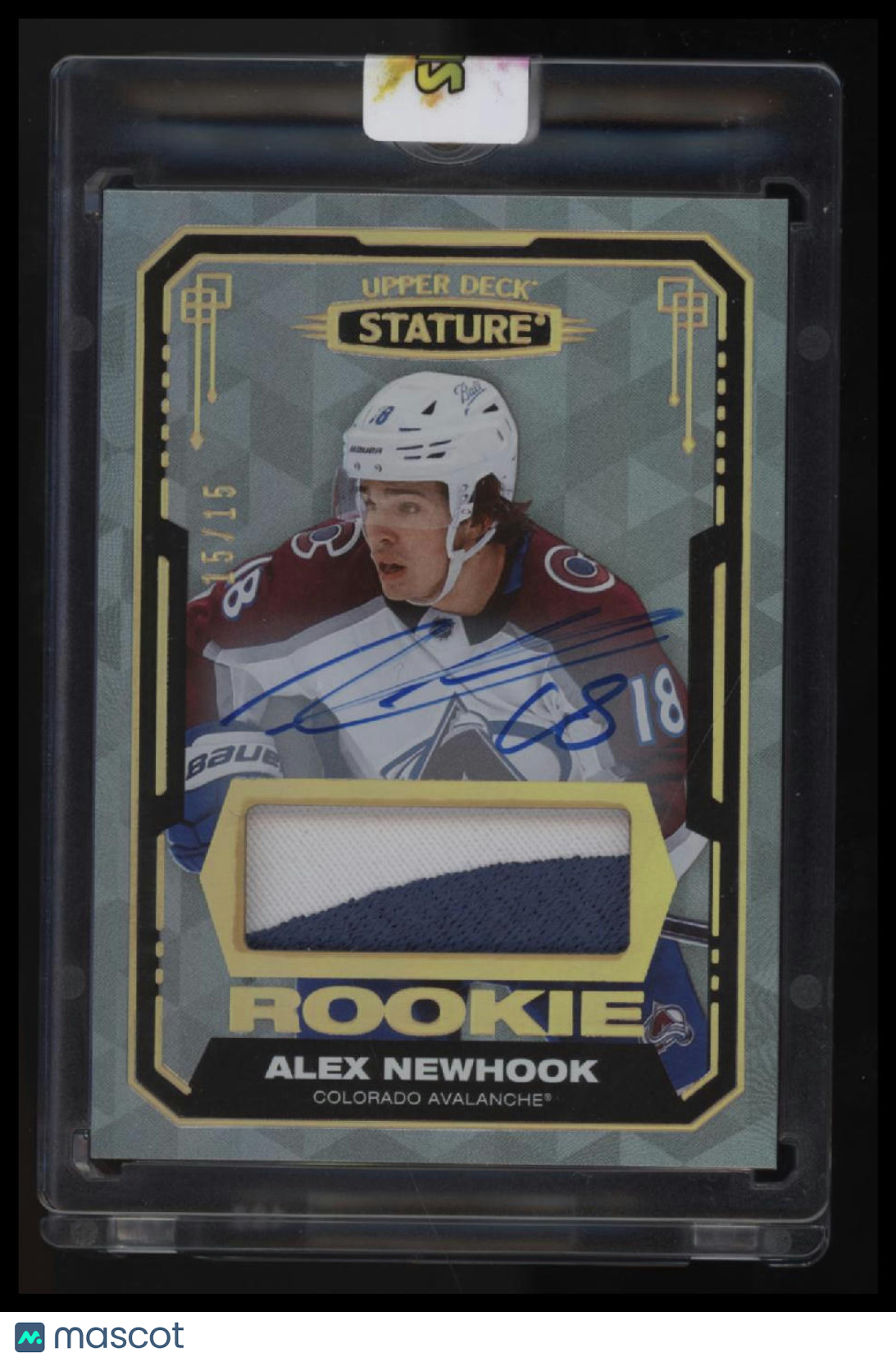 2021-22 Upper Deck Stature Alex Newhook Auto Material Design Variant #/15