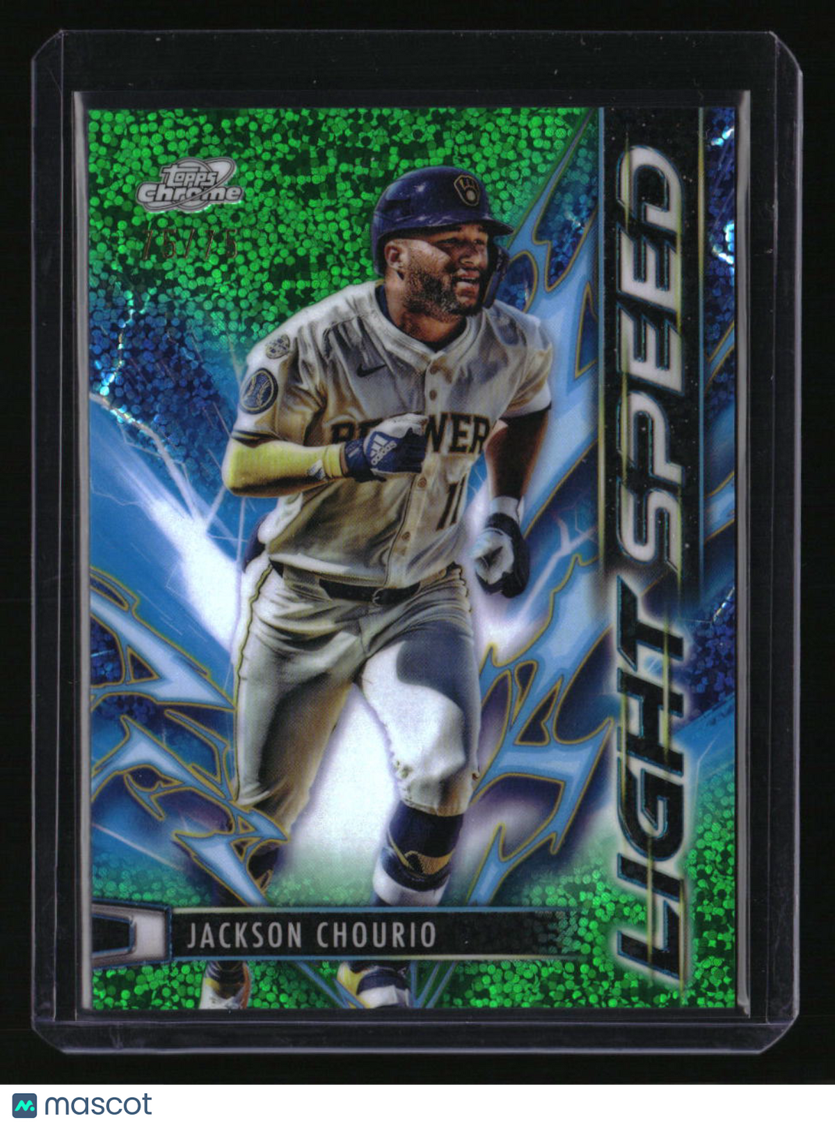 2025 Topps Chrome Cosmic Jackson Chourio Light Speed Green Space Dust #/75