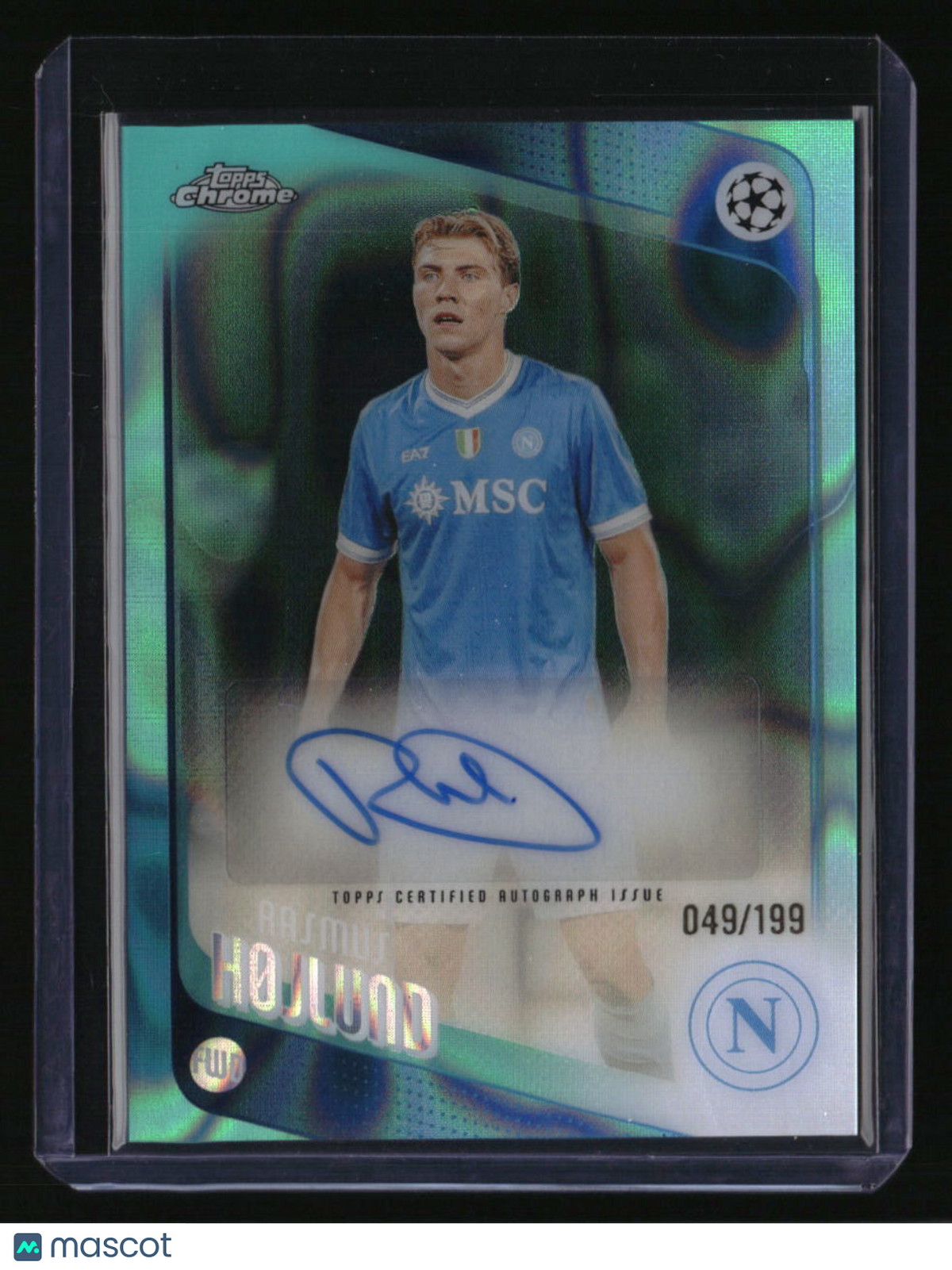 2025/26 Topps Chrome UEFA Club Comp Rasmus Højlund Chrome Auto Aqua Lava #/199