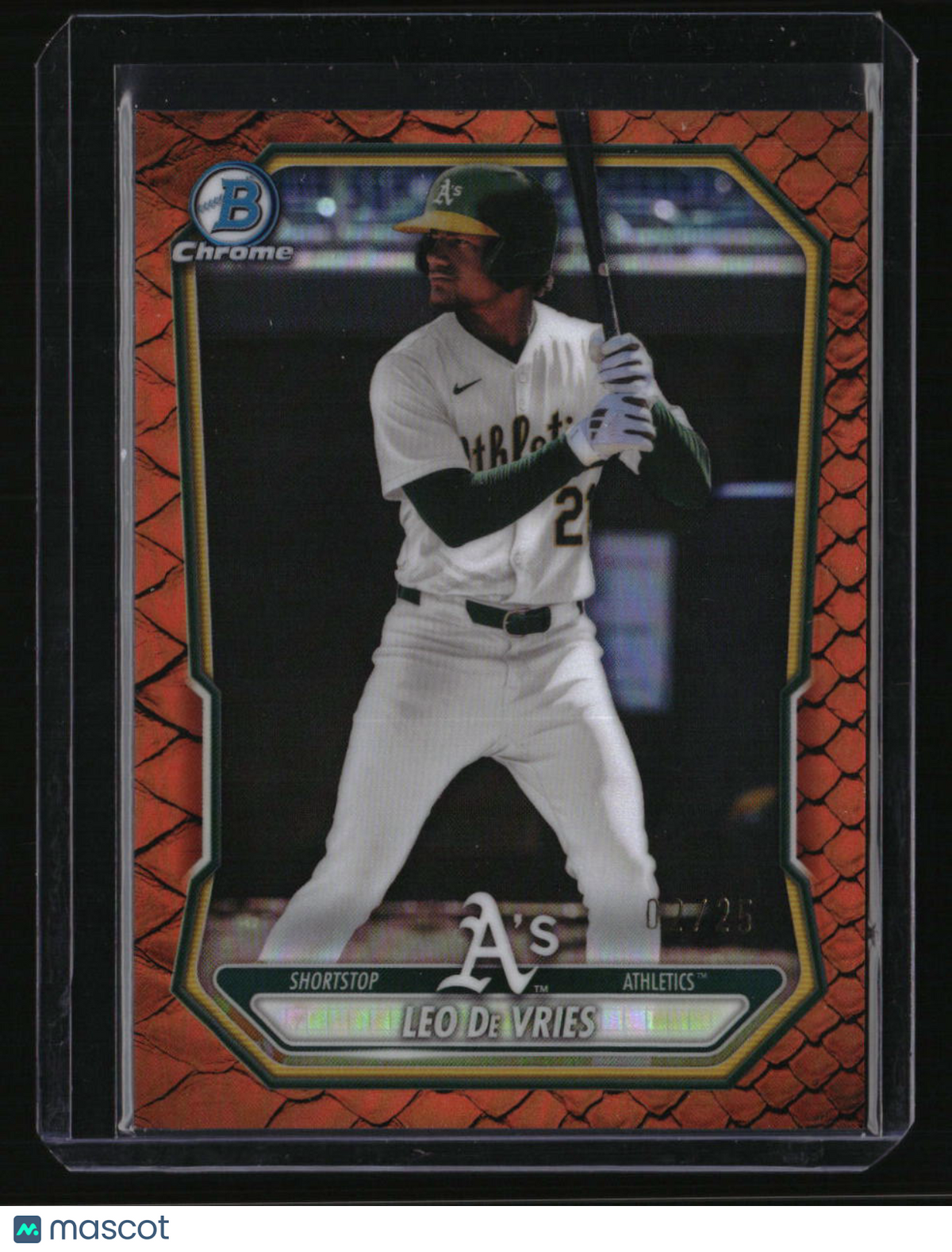 2026 Bowman Leo De Vries Chrome Prospects Reptilian Orange Refractor #/25