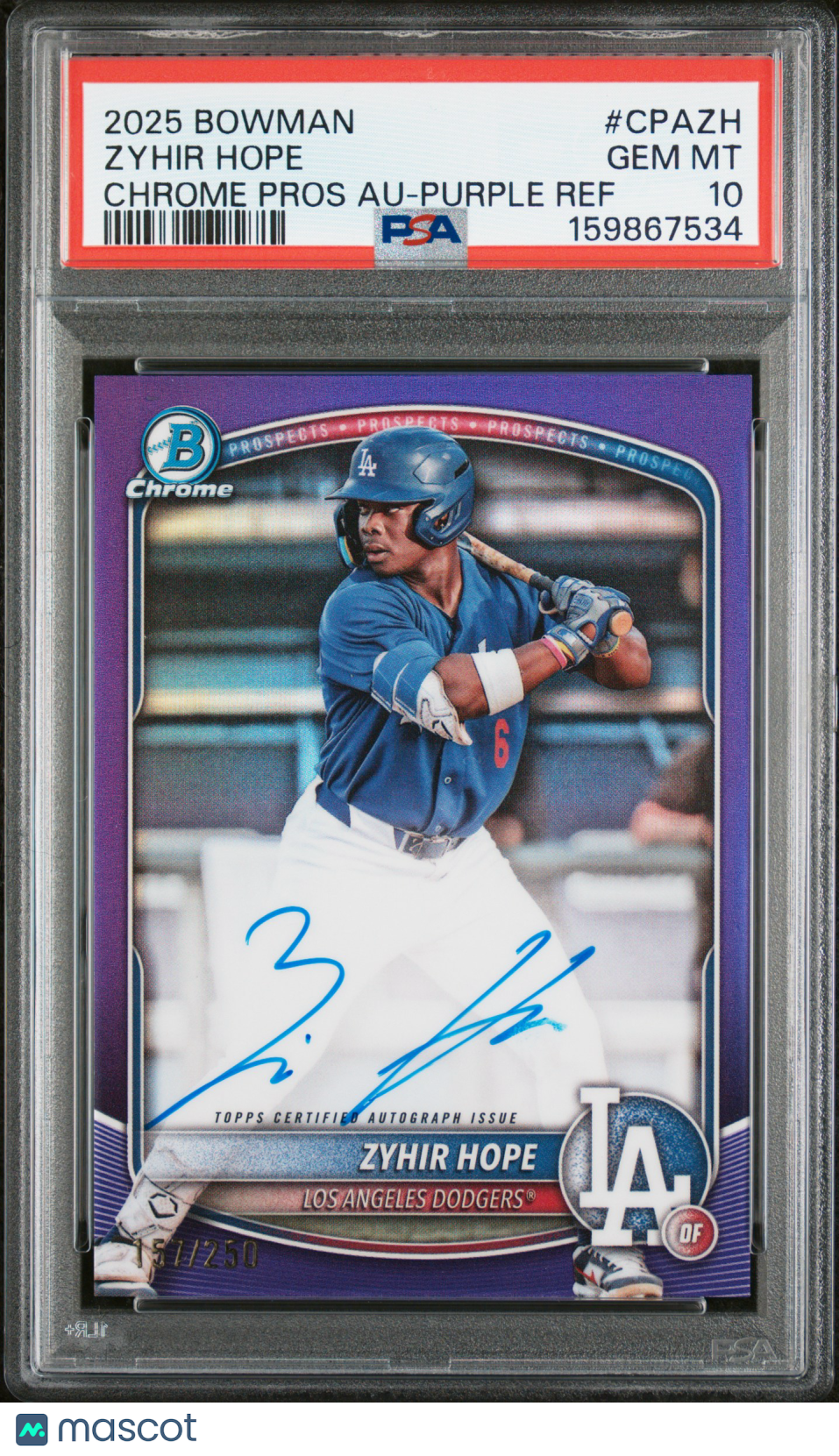2025 Bowman Chrome Prospect Autographs Zyhir Hope Purple Ref PSA 10