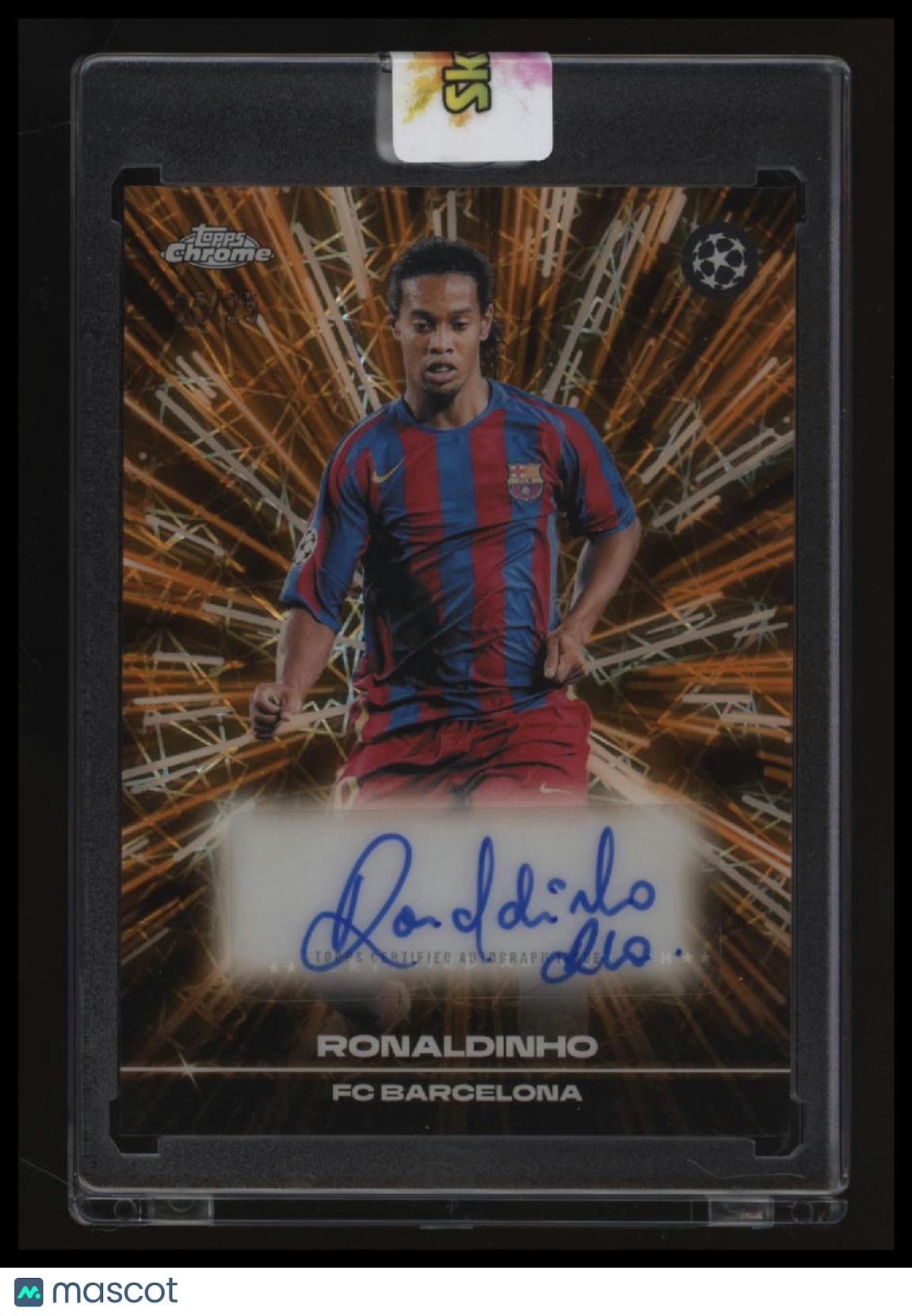 2025-26 Topps Chrome UEFA CC Ronaldinho Black Lazer Auto Black/Orange Lazer #/25