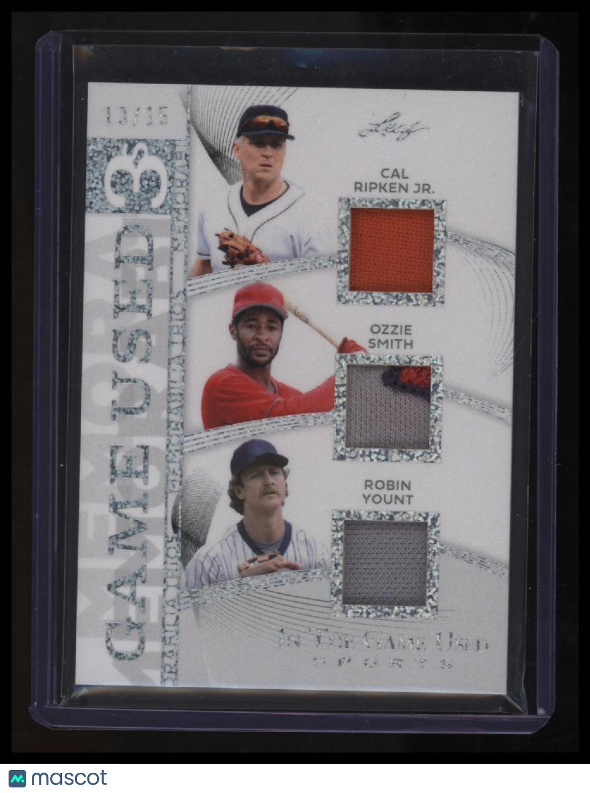 2025 Leaf ITGU Memorabilia Trios Glitter Holo Ripken Jr. / Smith / Yount #/15