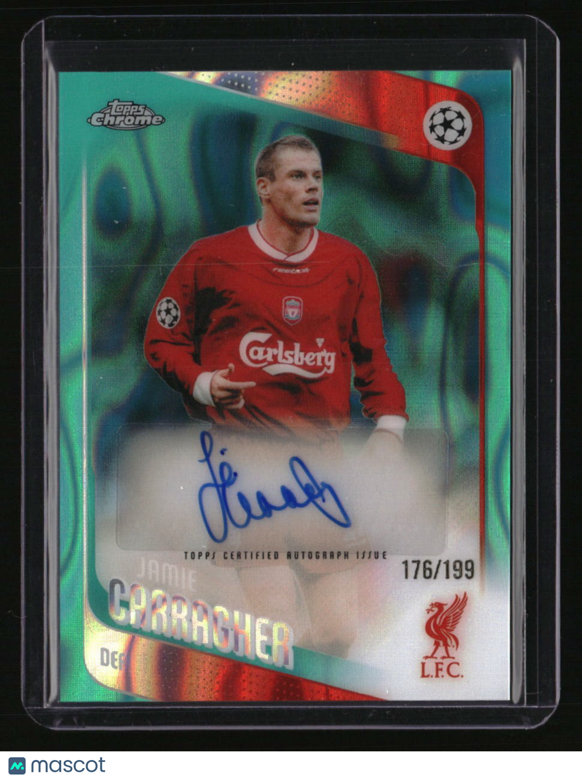 2025-26 Topps Chrome UEFA Club Competitions Jamie Carragher Auto Aqua Lava #/199