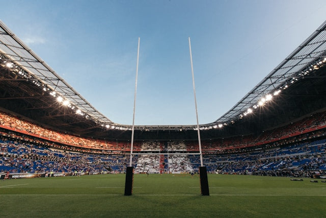 Low-angle of a crowded football stadium