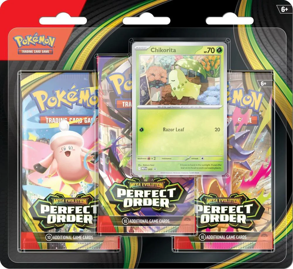 Pokémon 3 pack blister with Perfect Order booster packs and a Chikorita promo card