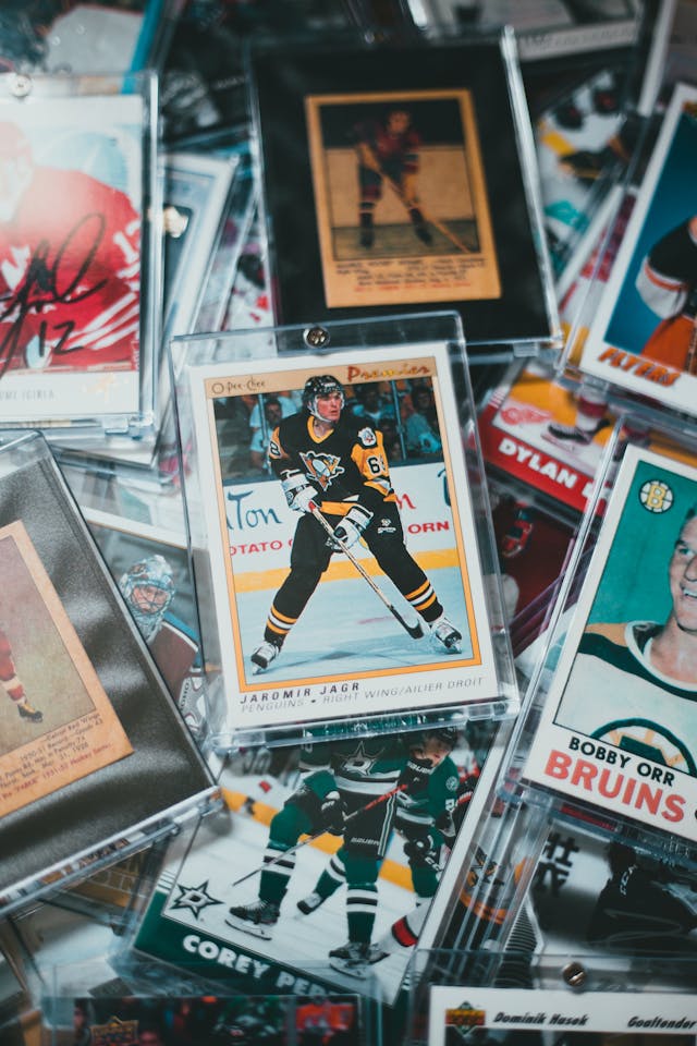 a stack of hockey sports cards